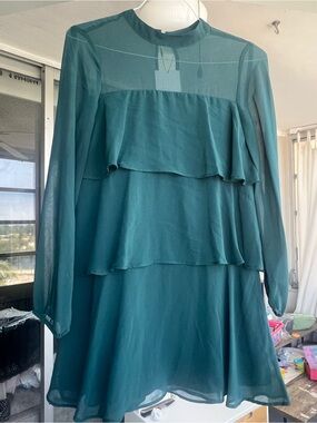 New Zara Teal Tiered Long-Sleeve Mini Dress Sz 0 2